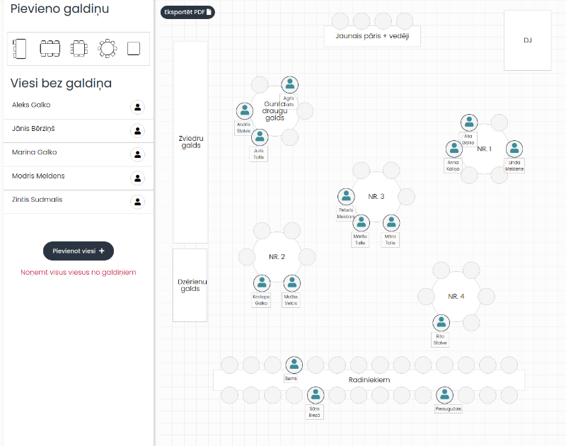 Izveido galdu plānu un sasēdini viesus Galdu plānotāja moduļa ekrānšāviņš
