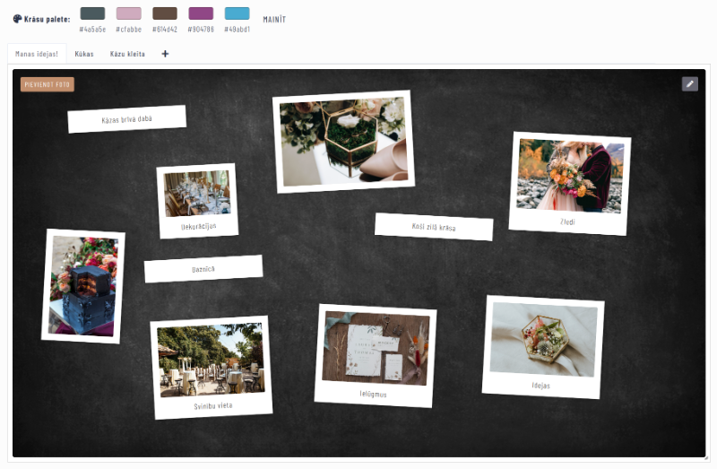 Tava kāzu vīzija, krāsu palete, idejas Kāzu vīzijas ekrānšāviņš